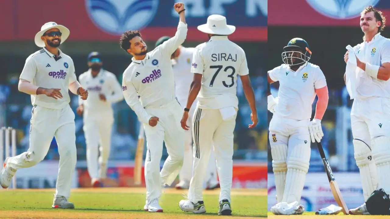 સાથી-પ્લેયર્સ સાથે વિકેટની ઉજવણી કરતો સ્પિનર કુલદીપ યાદવ. તેણે સૌથી વધુ ૩ વિકેટ ઝડપી હતી, યંગ બૅટર ટ્રિસ્ટન સ્ટબ્સ અને કૅપ્ટન ટેમ્બા બવુમાએ ત્રીજી વિકેટ માટે ૮૪ રનની પાર્ટનરશિપ કરી હતી.