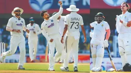 સાથી-પ્લેયર્સ સાથે વિકેટની ઉજવણી કરતો સ્પિનર કુલદીપ યાદવ. તેણે સૌથી વધુ ૩ વિકેટ ઝડપી હતી, યંગ બૅટર ટ્રિસ્ટન સ્ટબ્સ અને કૅપ્ટન ટેમ્બા બવુમાએ ત્રીજી વિકેટ માટે ૮૪ રનની પાર્ટનરશિપ કરી હતી.