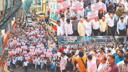 ગઈ કાલે બોરીવલીમાં વિરોધ-પ્રદર્શન દરમ્યાન દુકાનો બંધ કરીને રસ્તે  ઊતરેલા વેપારીઓ. (તસવીરો : નિમેશ દવે)