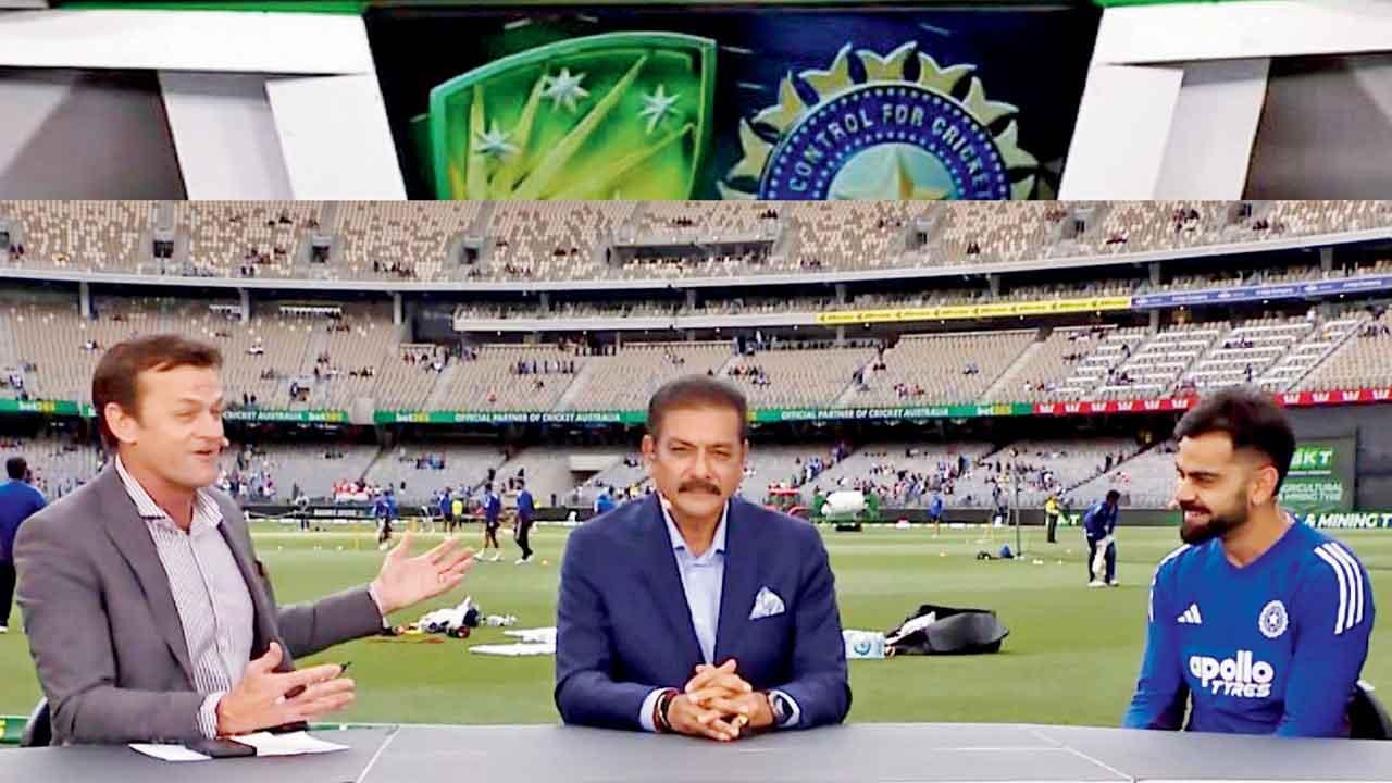 ગઈ કાલે મૅચ પહેલાં ઍડમ ગિલ્ક્રિસ્ટ અને રવિ શાસ્ત્રીને ઇન્ટરવ્યુ આપી રહેલો વિરોટ કોહલી.