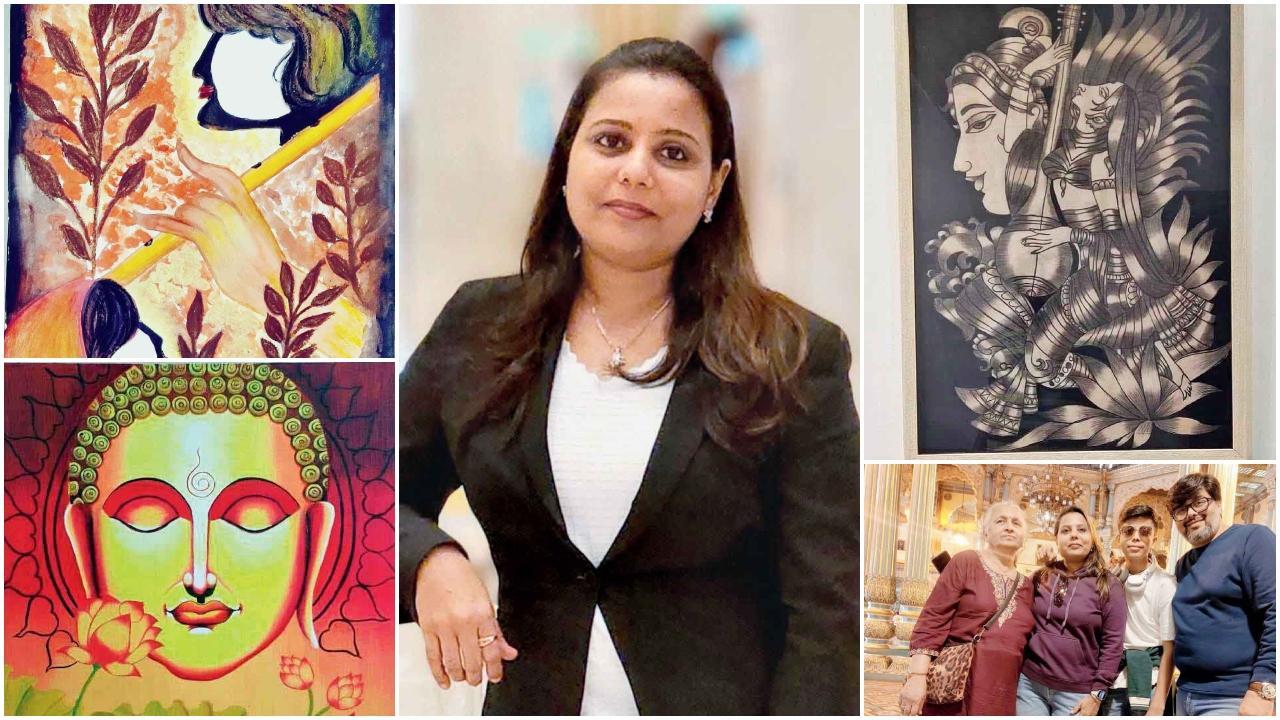 સાસુ, દીકરા અને પતિ સાથે ઝંખના ભણસાલી, ઝંખનાએ કરેલાં પેઇન્ટિંગ્સ અને સ્કેચ.