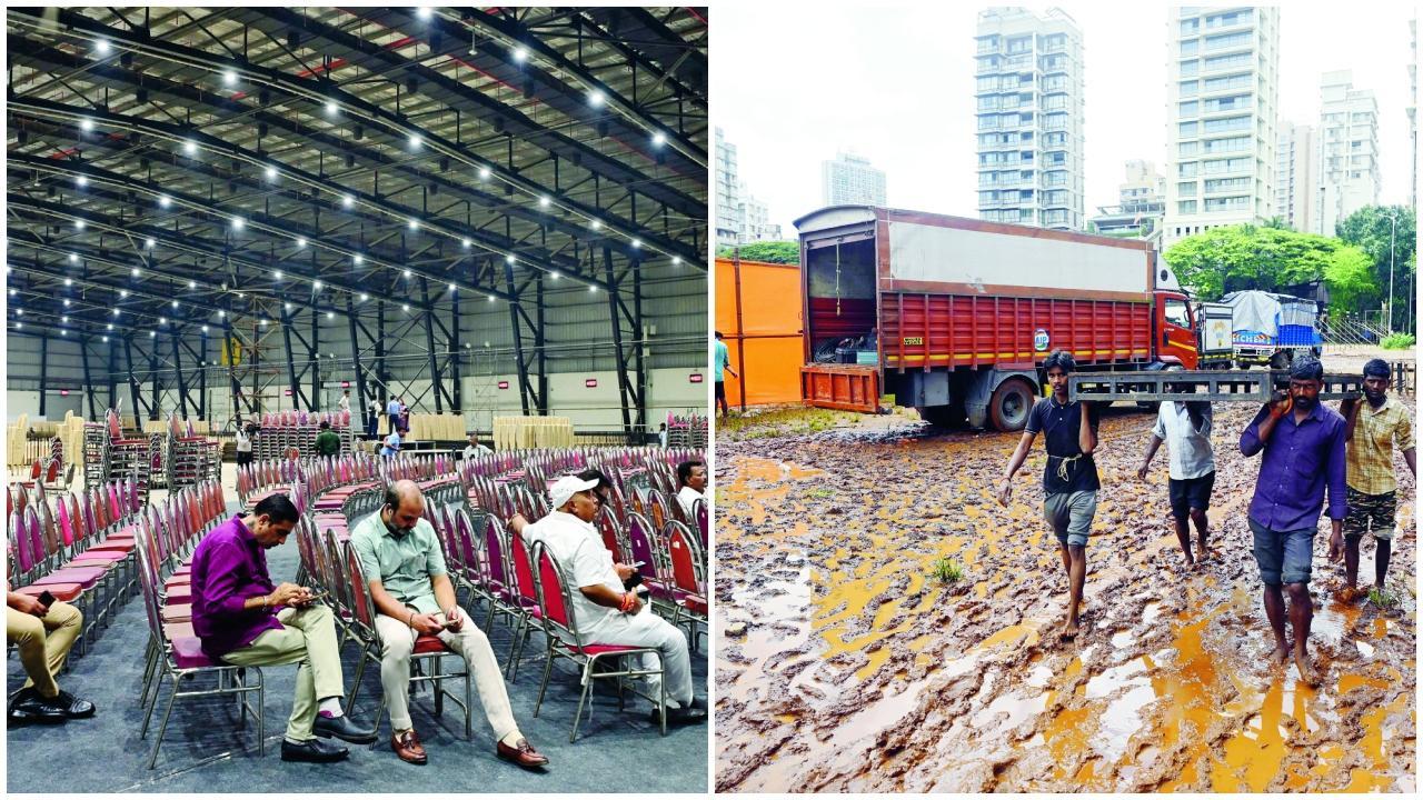 ગઈ કાલે ગોરેગામના નેસ્કો સેન્ટરના હૉલ-નંબર ૬માં ચાલતી એકનાથ શિંદેની સભાની તૈયારી.( તસવીર : નિમેશ દવે) અને ગઈ કાલે શિવાજી પાર્કમાં ચાલતી ઉદ્ધવ ઠાકરેની રૅલીની તૈયારી. (તસવીર : આશિષ રાજે)