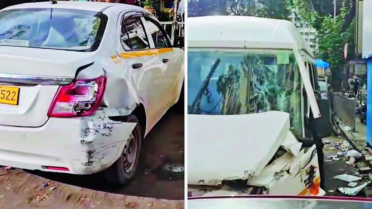 ગઈ કાલે દાદરમાં થયેલા અકસ્માતમાં કૅબ અને ટેમ્પોને ભારે નુકસાન થયું હતું.