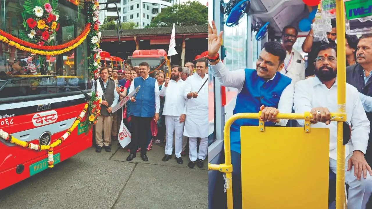 મુખ્ય પ્રધાન દેવેન્દ્ર ફડણવીસે ગઈ કાલે કોલાબા ડેપોમાં BESTના કાફલામાં નવી ૧૫૭ ઇલેક્ટ્રિક બસને સામેલ કરી હતી અને એકનાથ શિંદે સાથે એમાં સવારી પણ કરી હતી. તસવીર : કીર્તિ સુર્વે પરાડે