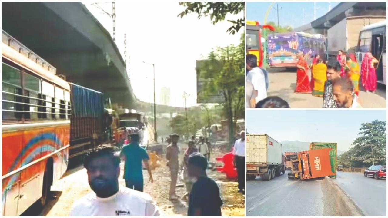 ઘોડબંદર રોડ પર ટૅન્કર ઊંધું પડી જતાં ટ્રાફિક જૅમ થઈ ગયો  હતો.