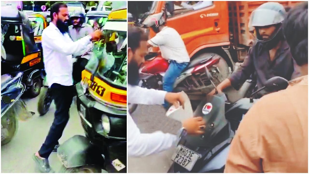વાહનો પર સ્ટિકર લગાડતા  લોકો.