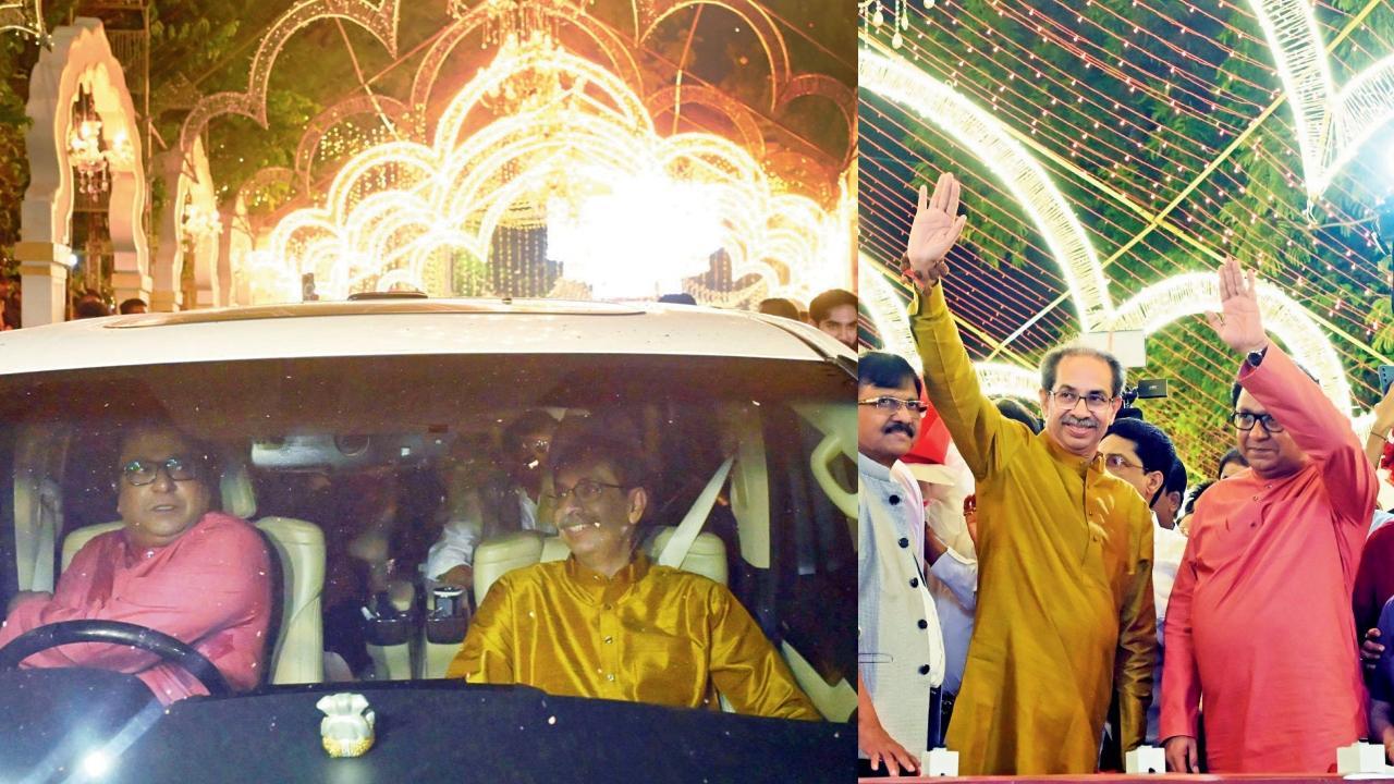 ગઈ કાલે દાદરના શિવાજી પાર્કમાં MNSના દીપોત્સવના ઉદ‍્ઘાટનમાં એક કારમાં આવતા તથા ત્યાર બાદ મંચ પર ઉદ્ધવ અને રાજ ઠાકરે. 