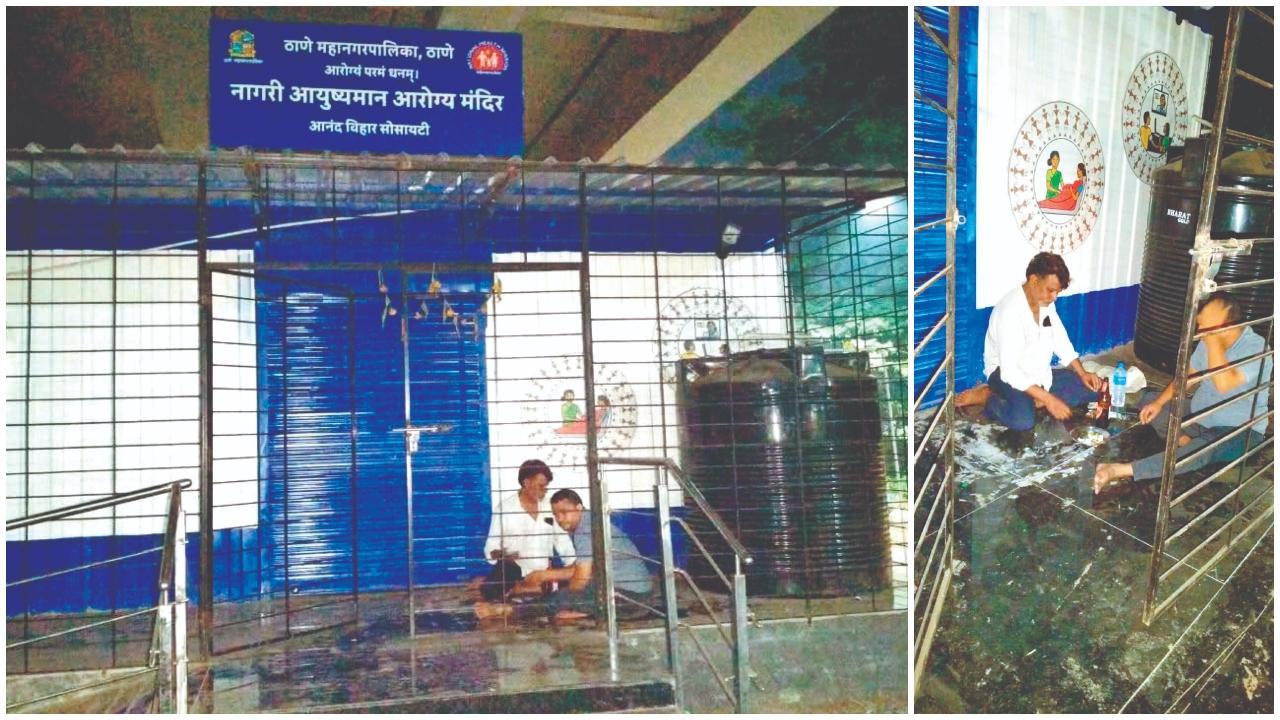 હેલ્થ સેન્ટરની બહાર પાર્ટી કરતા બે લોકો.