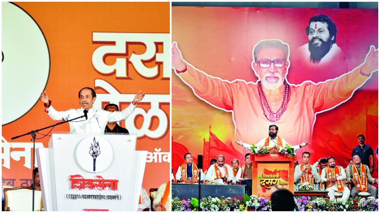 ગઈ કાલે શિવાજી પાર્કમાં સંબોધન કરતા ઉદ્ધવ ઠાકરે, ગઈ કાલે નેસ્કો સેન્ટરમાં સંબોધન કરતા એકનાથ શિંદે. તસવીર : સતેજ શિંદે