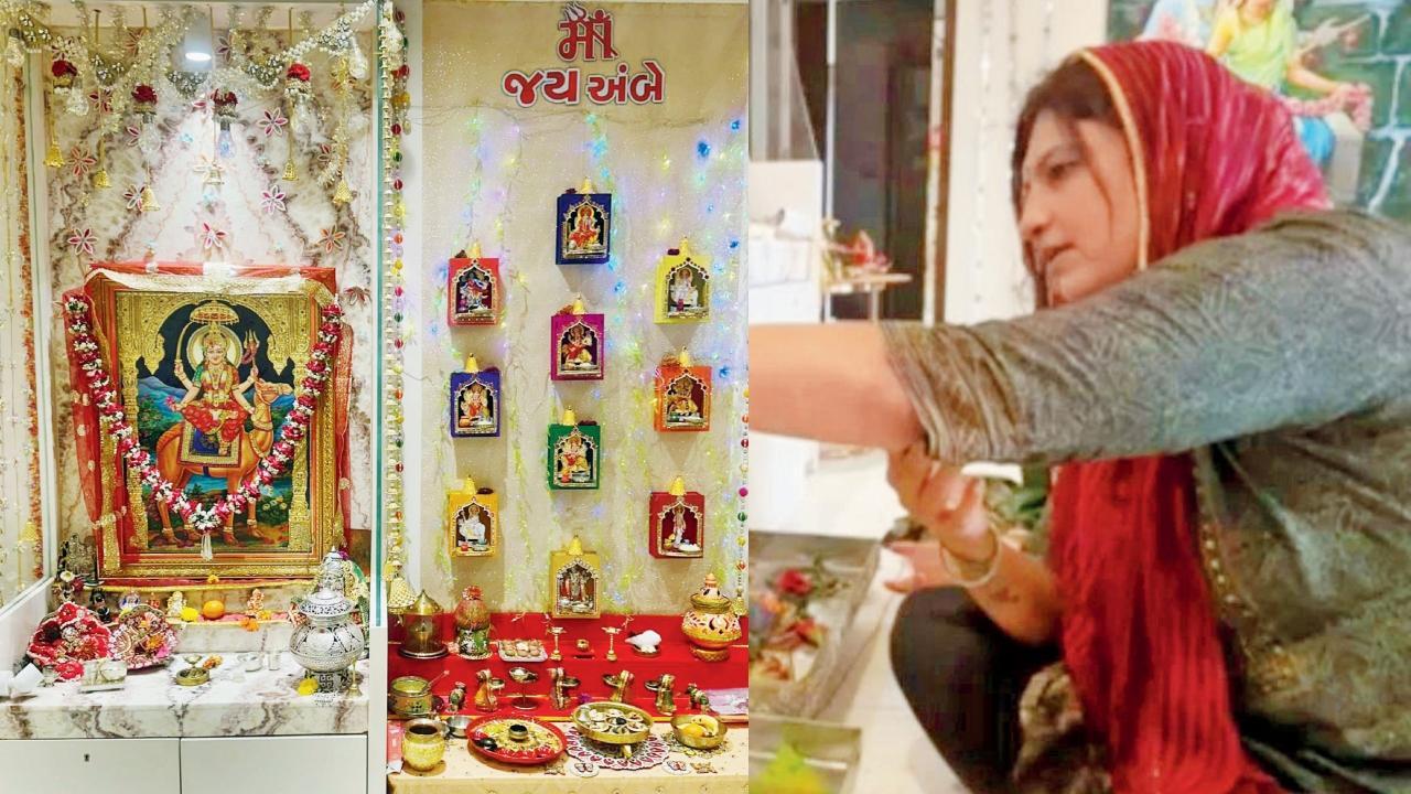 આ વખતે આરતી દાવડાએ ઘરનાં હૉલની મુખ્ય દીવાલ ઉપર નાનાં-નાનાં મંદિરો બનાવ્યાં છે જેમાં નવ માતાઓની છબીઓ બેસાડી છે અને સજાવ્યાં પણ છે.