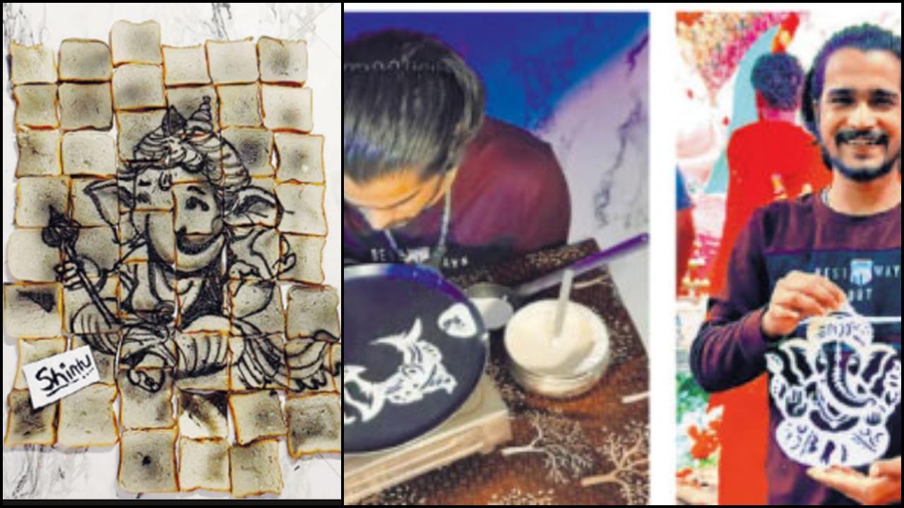 બળેલી બ્રેડ અને ઢોસાના બૅટરમાંથી તવા પર ઊપસાવી ગજાનનની આકૃતિ