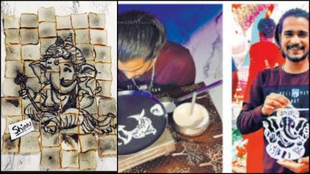 બળેલી બ્રેડ અને ઢોસાના બૅટરમાંથી તવા પર ઊપસાવી ગજાનનની આકૃતિ