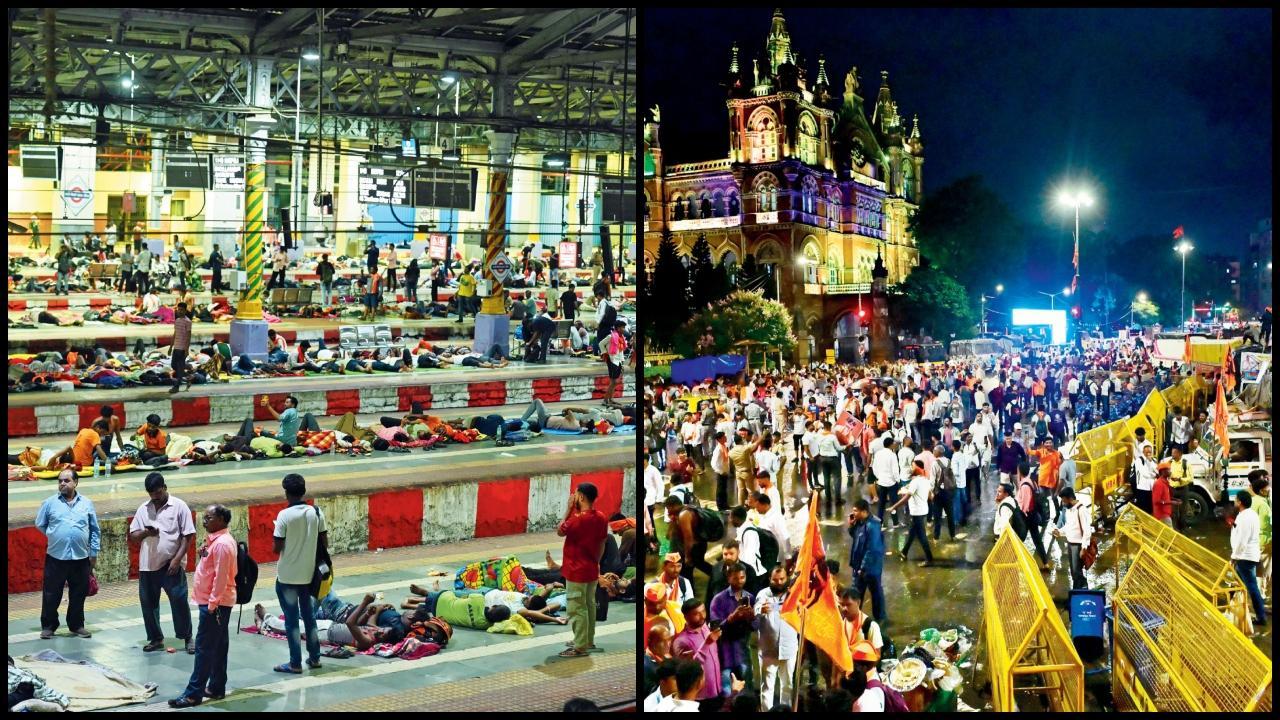 ગઈ કાલે સવારે છત્રપતિ શિવાજી ટર્મિનસનાં તમામ પ્લૅટફૉર્મ્સ પર આરામ ફરમાવતા અને રાત્રે બહાર ધમાલ મચાવતા મરાઠા આંદોલનકારીઓ.  તસવીર : અતુલ કાંબળે, તસવીર : શાદાબ ખાન