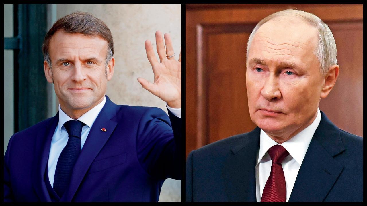 ફ્રાન્સના રાષ્ટ્રપતિ ઇમૅન્યુઅલ મૅક્રૉન, રશિયાના રાષ્ટ્રપતિ વ્લાદિમીર પુતિન