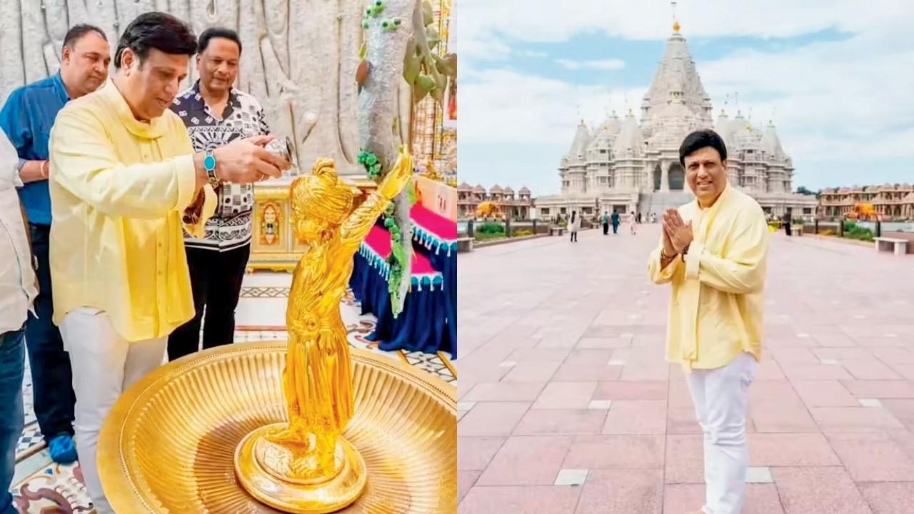 ગોવિંદા સ્વામીનારાયણ મંદિરની બહાર હાથ જોડીને ઊભો છે અને બીજી તસવીરમાં વિધિ-વિધાનથી પૂજા કરી રહ્યો છે