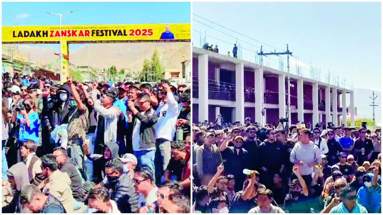 મોટી સંખ્યામાં રસ્તા પર ઊતરી આવીને સૂત્રોચ્ચાર કરતા લેહના યુવાનો.