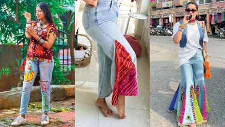 હાથથી પેઇન્ટિંગ કરીને આવું જીન્સ  તૈયાર કર્યું (ડાબે), બાંધણીના કાપડને ડેનિમની સાઇડમાં લગાવીને સ્ટાઇલ કરી શકાય (વચ્ચે),  પૉમ-પૉમ અને મિરર વર્ક સાથે બાંધણીના કાપડને પલાઝો સ્ટાઇલથી ડેનિમ ડિઝાઇન કર્યું છે (જમણે)