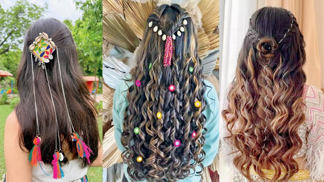 સ્ટ્રેટ હેર સાથે બ્રોચ, ઓપન કર્લ્સ, હાફ અપ ટૉપ નૉટ