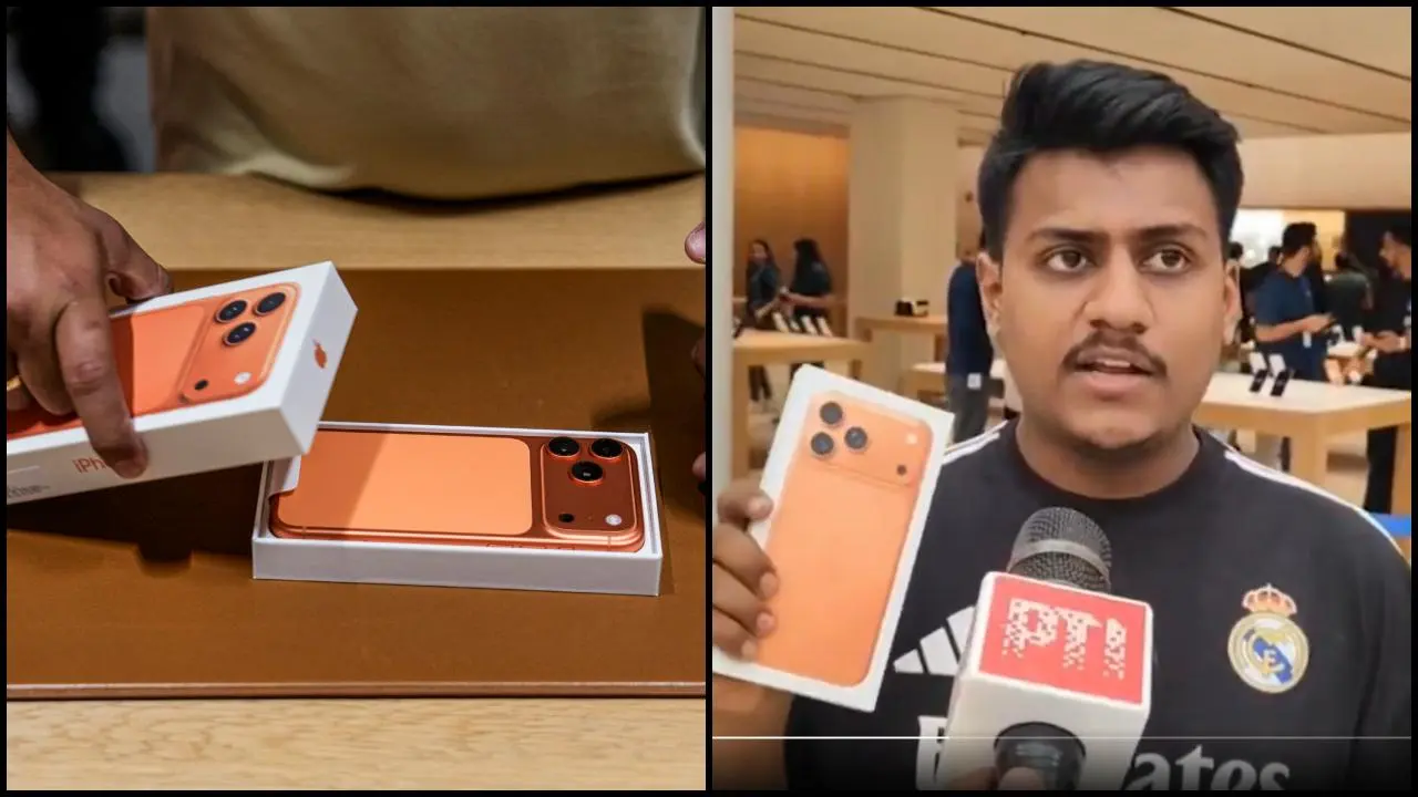 નવો લૉન્ચ થયેલો iPhone 17 પ્રો કોસ્મિક ઑરેન્જ રંગમાં (તસવીર: પીટીઆઇ)
