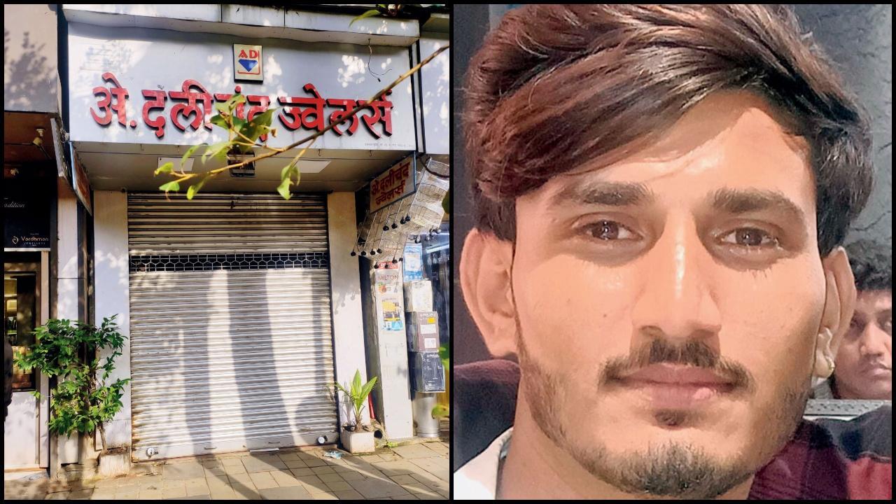 સોમવારે લૂંટાયેલી પરેલની એ. દલીચંદ જ્વેલર્સની દુકાન અને એનો કર્મચારી જીતુ ચૌધરી.