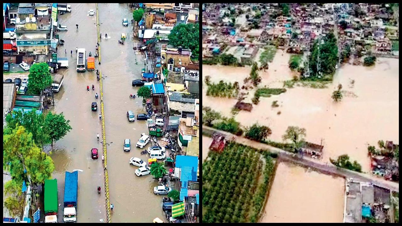  હેવી રેઇનફૉલને કારણે પંજાબનો રૂપનગર જિલ્લો (ઉપર) અને હરિયાણાનું ગુરુગ્રામ જળમગ્ન થઈ ગયેલાં દેખાય છે.