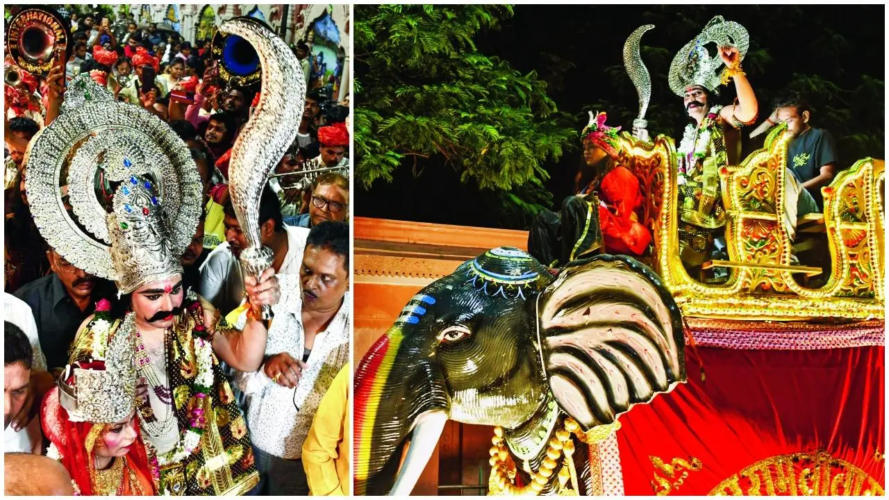  રાવણ હાથી પર ચાંદીના સિંહાસન પર બેસીને નગરભ્રમણ કરે છે.