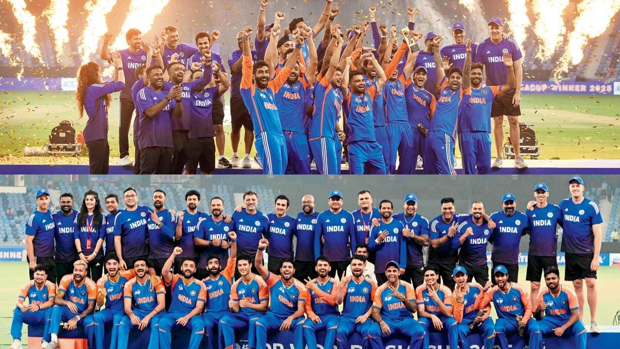 ટ્રોફી વગર જ સેલિબ્રેશન કરતા અને ગ્રુપ-ફોટો પડાવતા  ભારતીય ખેલાડીઓ  અને સપોર્ટ-સ્ટાફ