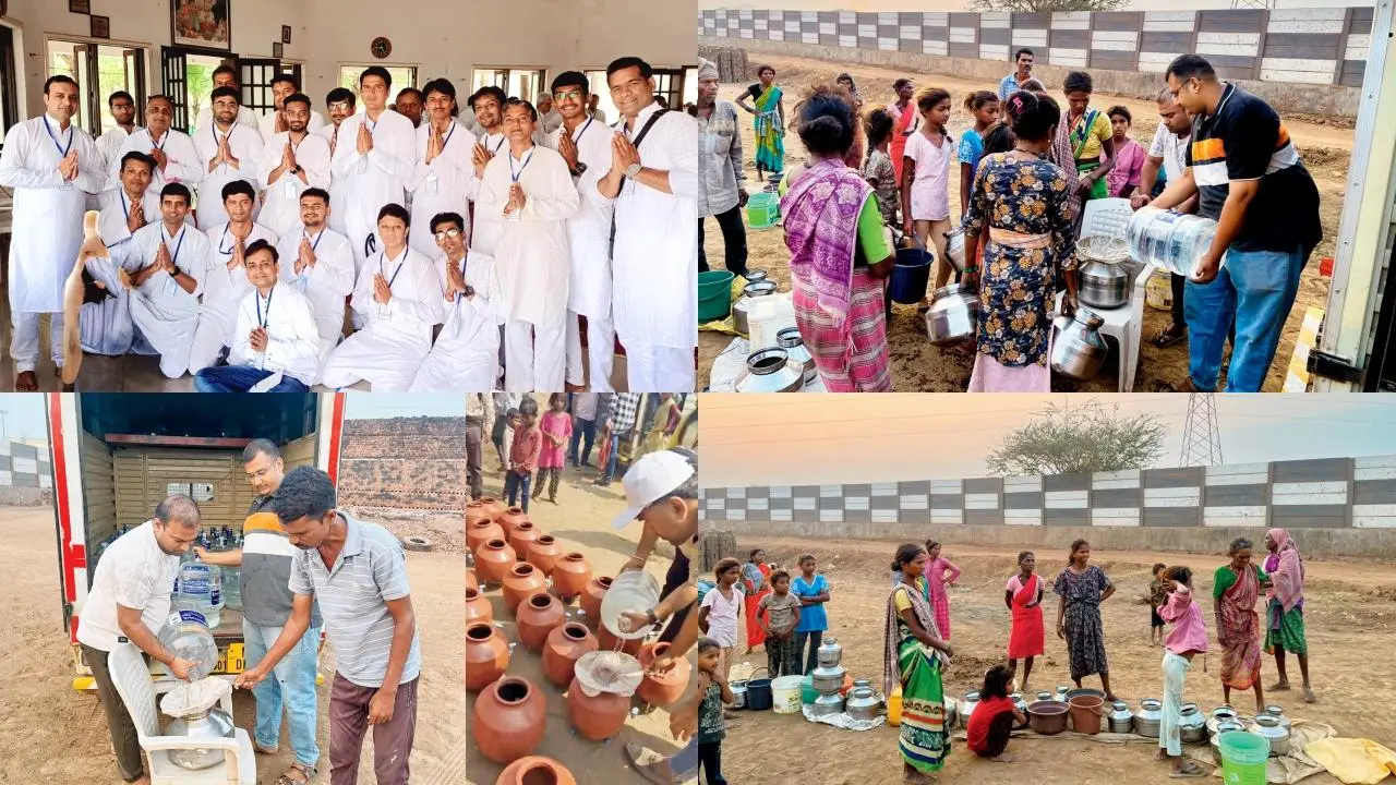 શ્રી જૈન અલર્ટ ગ્રુપ-ડોમ્બિવલીના કાર્યકરોની ટીમ, પાણી ભરવા માટે ઊભા  રહેલા શ્રમિકો અને તેમને ગાળીને પાણી આપતા કાર્યકરો, શ્રમિકોને માટલાં અને એની નીચેનાં સ્ટૅન્ડ પણ આપવામાં આવ્યાં છે