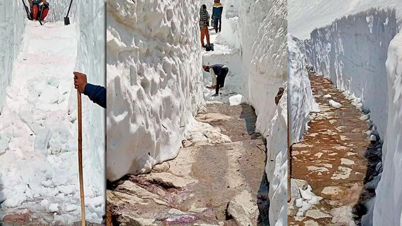 ગૌરીકુંડથી કેદારનાથ ધામના રસ્તા પરથી બરફ હટાવીને રસ્તો બનાવવાનું કામ તડામાર ચાલી રહ્યું છે