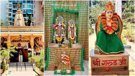 લક્ષ્મીનારાયણ ભગવાનનો આભલાનાં વસ્ત્રોથી કરેલો શણગાર, મંદિરમાં પ્રવેશતાંની સાથે નારાયણની સન્મુખ બેઠેલા ગરુડજી.