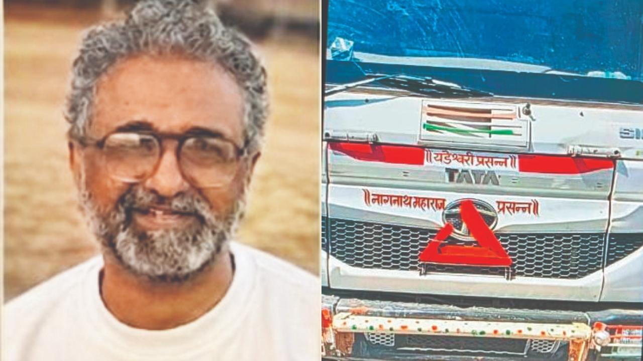 અકસ્માતમાં મૃત્યુ પામનાર અશોક સોંડાગર અને તેમને અડફેટે લેનારું ડમ્પર.