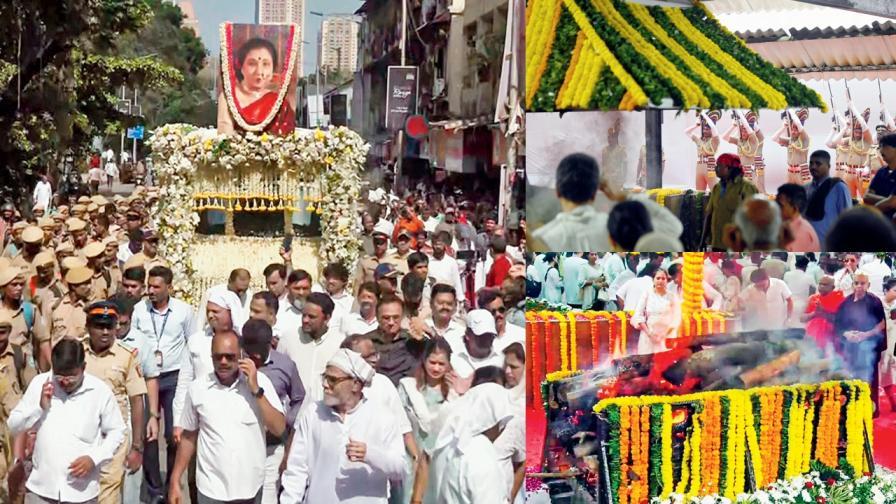 આશાતાઈની અંતિમયાત્રા: તેમને પ્રિય એવાં સફેદ અને પીળાં ફૂલોથી શણગારેલા મોક્ષરથની ઉપર આશાતાઈની મહારાષ્ટ્રિયન નથવાળી તસવીર મૂકવામાં આવી (તસવીરો : રાણે આશિષ, સૈયદ સમીર અબેદી, આશિષ રાજે)