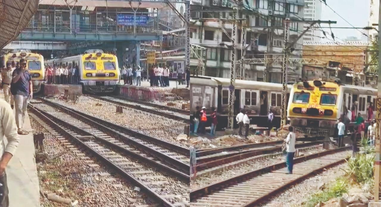 સિગ્નલની ખામીને લીધે CSMTના પ્લૅટફૉર્મ-નંબર પાંચ પર સામસામે આવી ગયેલી બે લોકલ ટ્રેનો, પ્રવાસીઓ ટ્રૅક પર ઊતરી ગયા હતા.