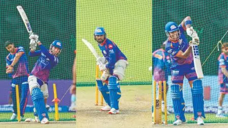 દિલ્હી સામેની મૅચ માટે નેટ-પ્રૅક્ટિસ કરતા તિલક વર્મા, રોહિત શર્મા અને સૂર્યકુમાર યાદવ