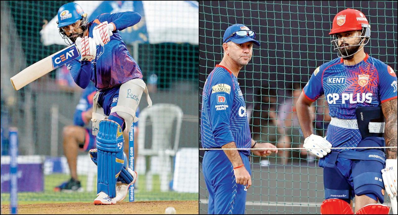 વાનખેડેમાં ગઈ કાલે પ્રૅક્ટિસ કરી રહેલો મુંબઈનો ઓપનર રોહિત શર્મા અને ગઈ કાલે વાનખેડેમાં પ્રૅક્ટિસ દરમ્યાન પંજાબનો કોચ રિકી પૉન્ટિંગ અને કૅપ્ટન શ્રેયસ ઐયર.તસવીરો : આશિષ રાજે 