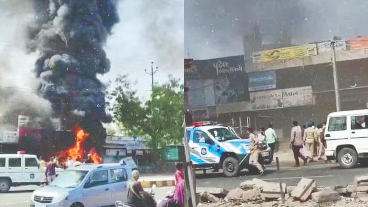 ધંધુકામાં આગચંપી અને તોડફોડ.