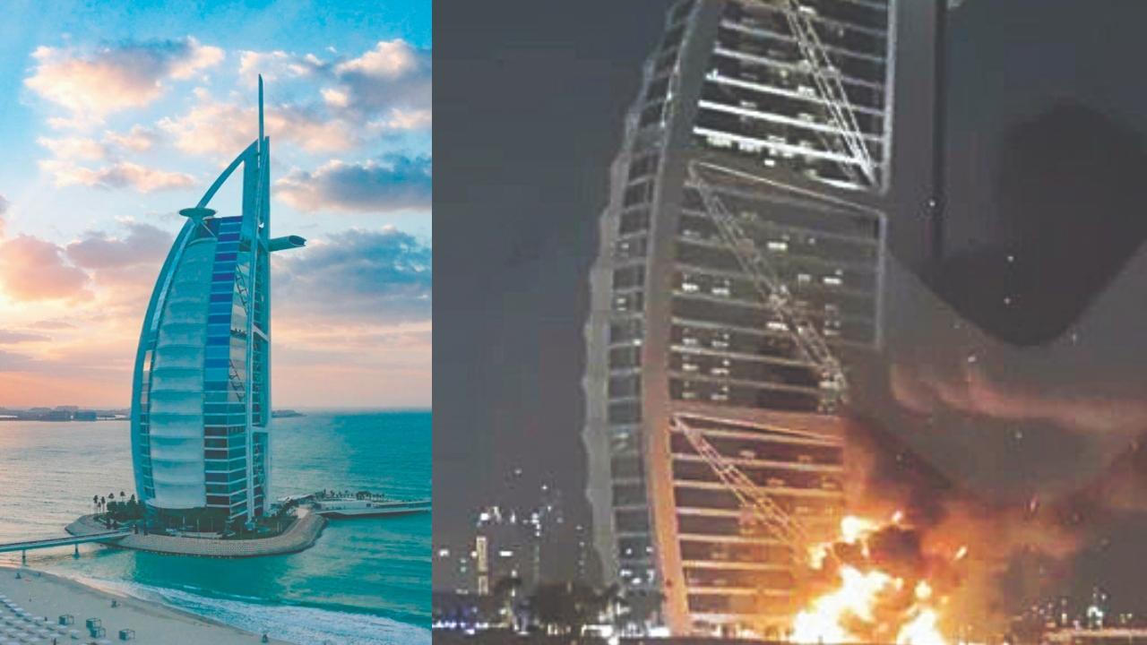 હોટેલ બુર્જ અલ અરબ અને એને ઈરાની ડ્રોનથી થયેલું નુકસાન.