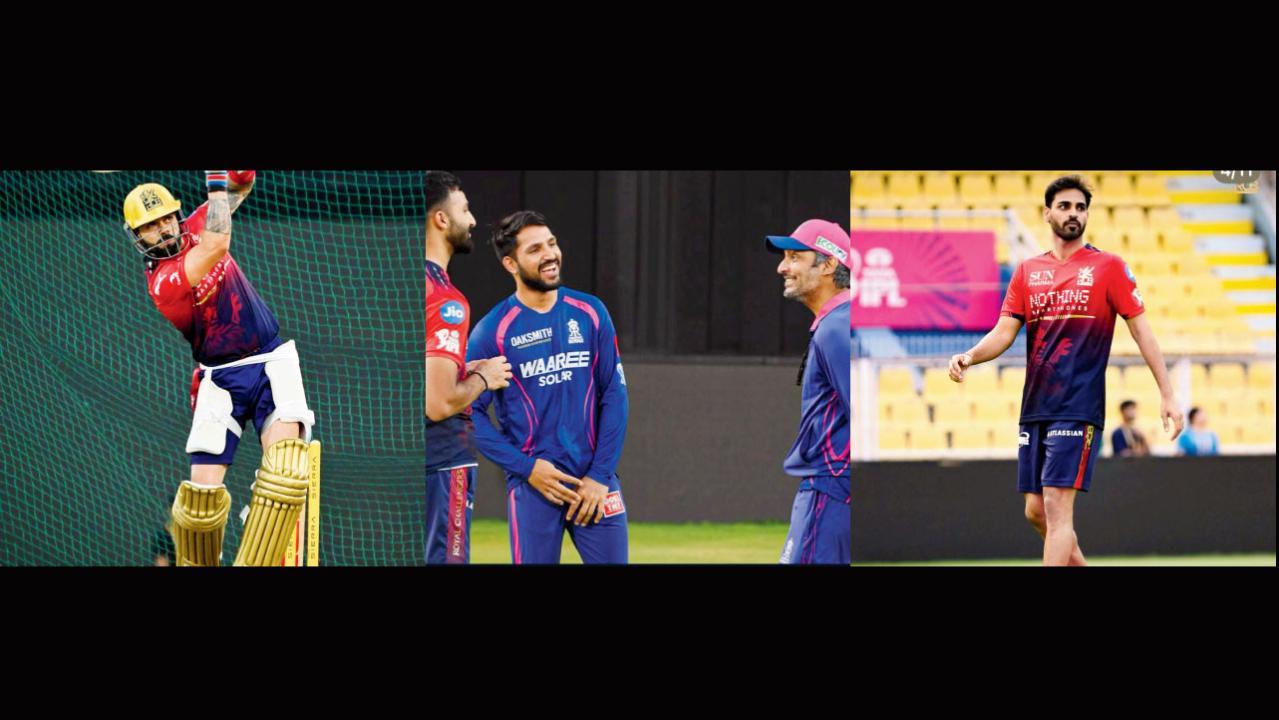 ગુવાહાટીમાં ગઈ કાલે બૅટિંગ પ્રૅક્ટિસ કરી રહેલો વિરાટ કોહલી. બૅન્ગલોરના બૅટર દેવદત્ત પડિક્કલ સાથે મશ્કરી કરતા રાજસ્થાનના હેડ કોચ કુમાર સંગકારા અને વિકેટકીપર-બૅટર ધ્રુવ જુરેલ. ગઈ કાલે પ્રૅક્ટિસ દરમ્યાન રૉયલ ચૅલેન્જર્સ બેન્ગલુરુનો ભુવનેશ્વરકુમાર.