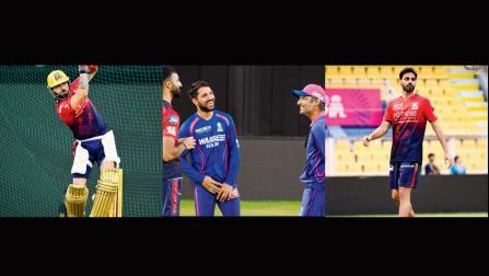 ગુવાહાટીમાં ગઈ કાલે બૅટિંગ પ્રૅક્ટિસ કરી રહેલો વિરાટ કોહલી. બૅન્ગલોરના બૅટર દેવદત્ત પડિક્કલ સાથે મશ્કરી કરતા રાજસ્થાનના હેડ કોચ કુમાર સંગકારા અને વિકેટકીપર-બૅટર ધ્રુવ જુરેલ. ગઈ કાલે પ્રૅક્ટિસ દરમ્યાન રૉયલ ચૅલેન્જર્સ બેન્ગલુરુનો ભુવનેશ્વરકુમાર.