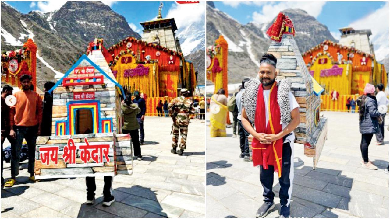 લગભગ ૩૦ કિલો વજનની કેદારનાથ ધામની રેપ્લિકા ઊંચકીને ભક્ત પહોંચ્યો કેદારનાથ