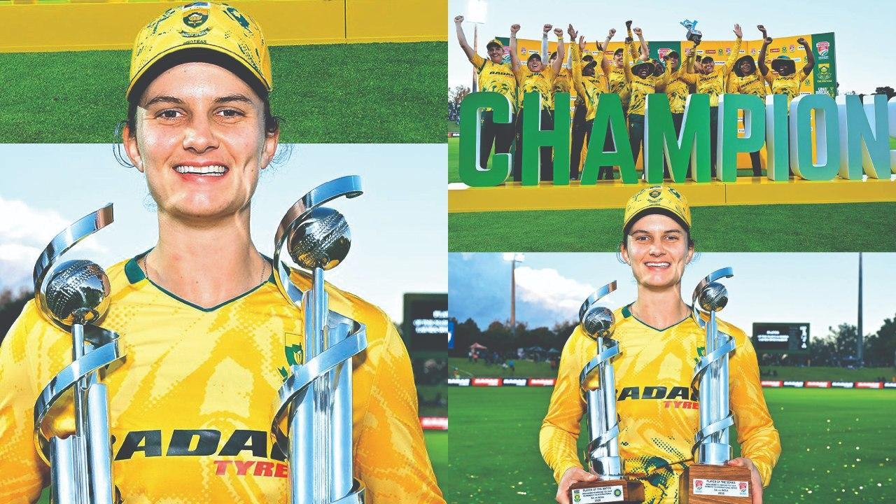 T20 સિરીઝ અને પ્લેયર ઑફ ધ સિરીઝની ટ્રોફી સાથે લૉરા વૉલ્વાર્ટ