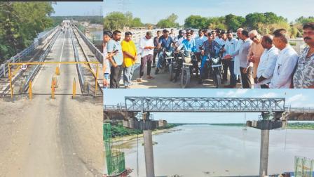 ગંભીરા બ્રિજ પરથી પસાર થવા આવેલાં ટૂ-વ્હીલર્સ. ગંભીરા બ્રિજના છેડે મુકાયેલું બોર્ડ અને બ્રિજ પરથી પસાર થઈ રહેલાં ટૂ-વ્હીલર્સ. ગંભીરા બ્રિજના તૂટી ગયેલા ભાગ પર લોખંડનું માળખું બેસાડવામાં આવ્યું છે. 