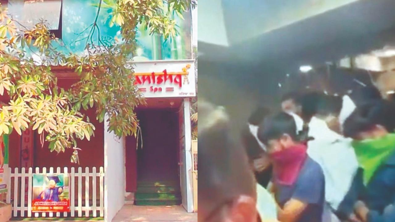 મીરા રોડનો સ્પા અને પોલીસે દરોડો દરમ્યાન ધરપકડ કરેલા ગ્રાહકો.