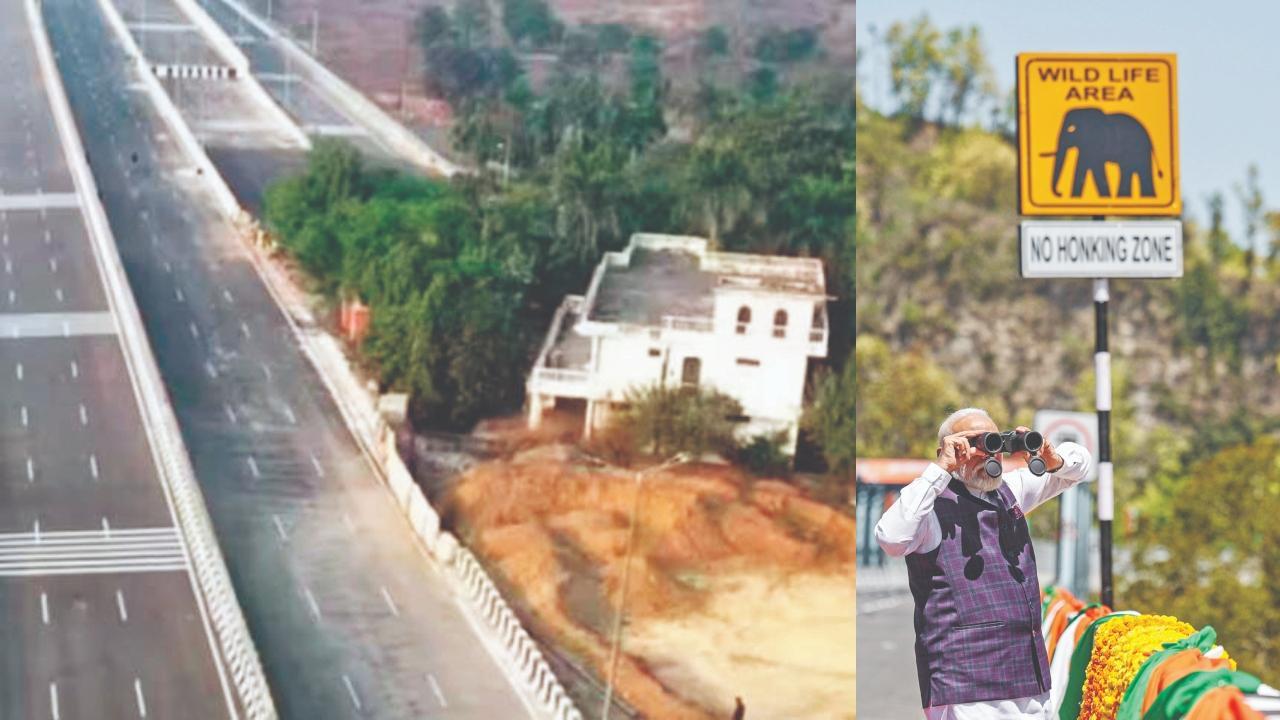 ઉત્તર પ્રદેશના ગાઝિયાબાદ પાસે મન્ડોલાના લોની પાસે નડતરરૂપ બનેલું સારાવાહ પરિવારનું ૧૦૦૦ સ્ક્વેઅર મીટરનું ઘર અને એલિવેટેડ વાઇલ્ડલાઇફ કૉરિડોર પર દૂરબીનથી નિરીક્ષણ કરતા નરેન્દ્ર મોદી. 