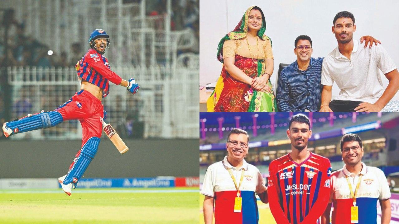 મમ્મી-પપ્પા સાથે મુકુલ ચૌધરી, લખનઉના માલિકોએ મૅચના હીરો મુકુલ ચૌધરી સાથે પડાવ્યો ફોટો