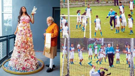 ઑર્કિડેરિયમમાં ફૂલોથી સજાવેલા એક પૂતળાને જોઈ રહેલા નરેન્દ્ર મોદી (ડાબે), ગઈ કાલે નરેન્દ્ર મોદી વિદ્યાર્થીઓ સાથે ફુટબોલ રમ્યા હતા