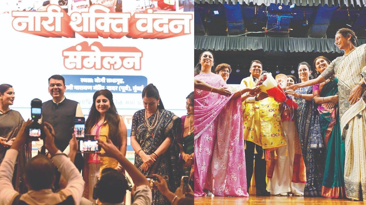 ગઈ કાલે દાદરના યોગી સભાગૃહમાં આયોજિત નારી શક્તિ વંદન સંમેલનમાં મુખ્ય પ્રધાન દેવેન્દ્ર ફડણવીસ અને મહિલાઓ. આ કાર્યક્રમમાં રવીના ટંડન પણ હાજર હતી.