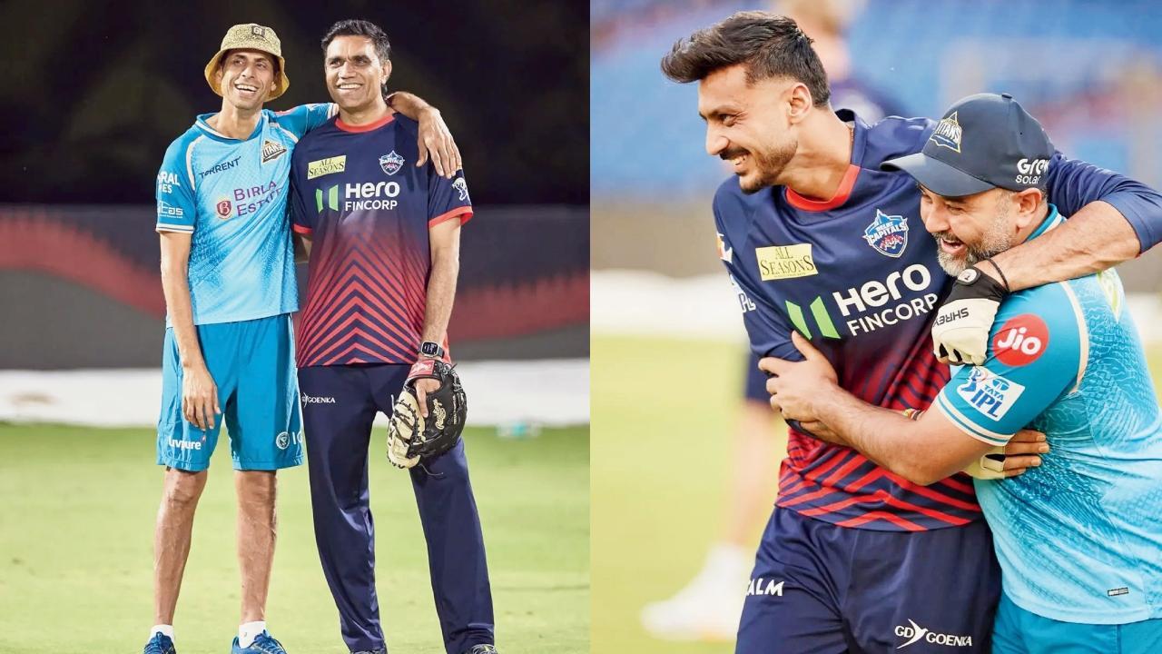 દિલ્હીના બોલિંગ કોચ મુનાફ પટેલ સાથે વાતચીત કરતો ગુજરાતનો હેડ કોચ આશિષ નેહરા (ડાબે), ગુજરાતના સહાયક કોચ પાર્થિવ પટેલ સાથે મશ્કરી કરતો દિલ્હીનો કૅપ્ટન અક્ષર પટેલ