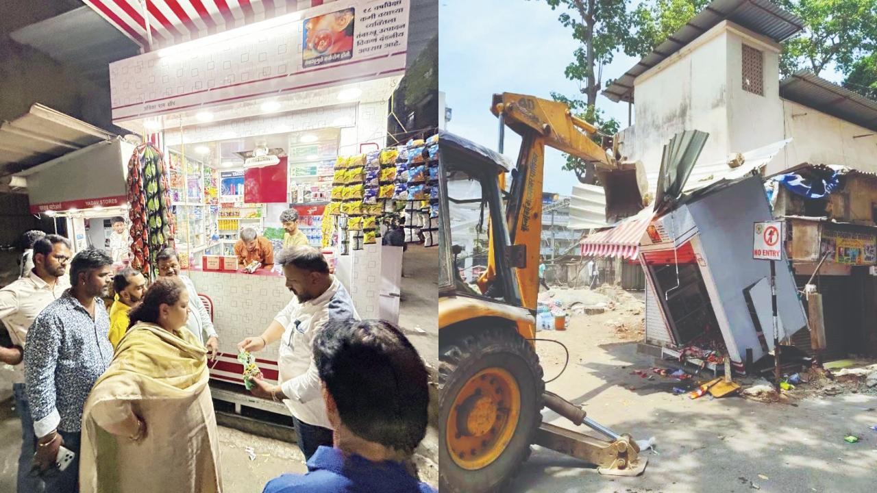 પાનના સ્ટૉલ પર પહોંચેલાં રાખી જાધવ અને સ્ટૉલ પર થયેલી કાર્યવાહી.