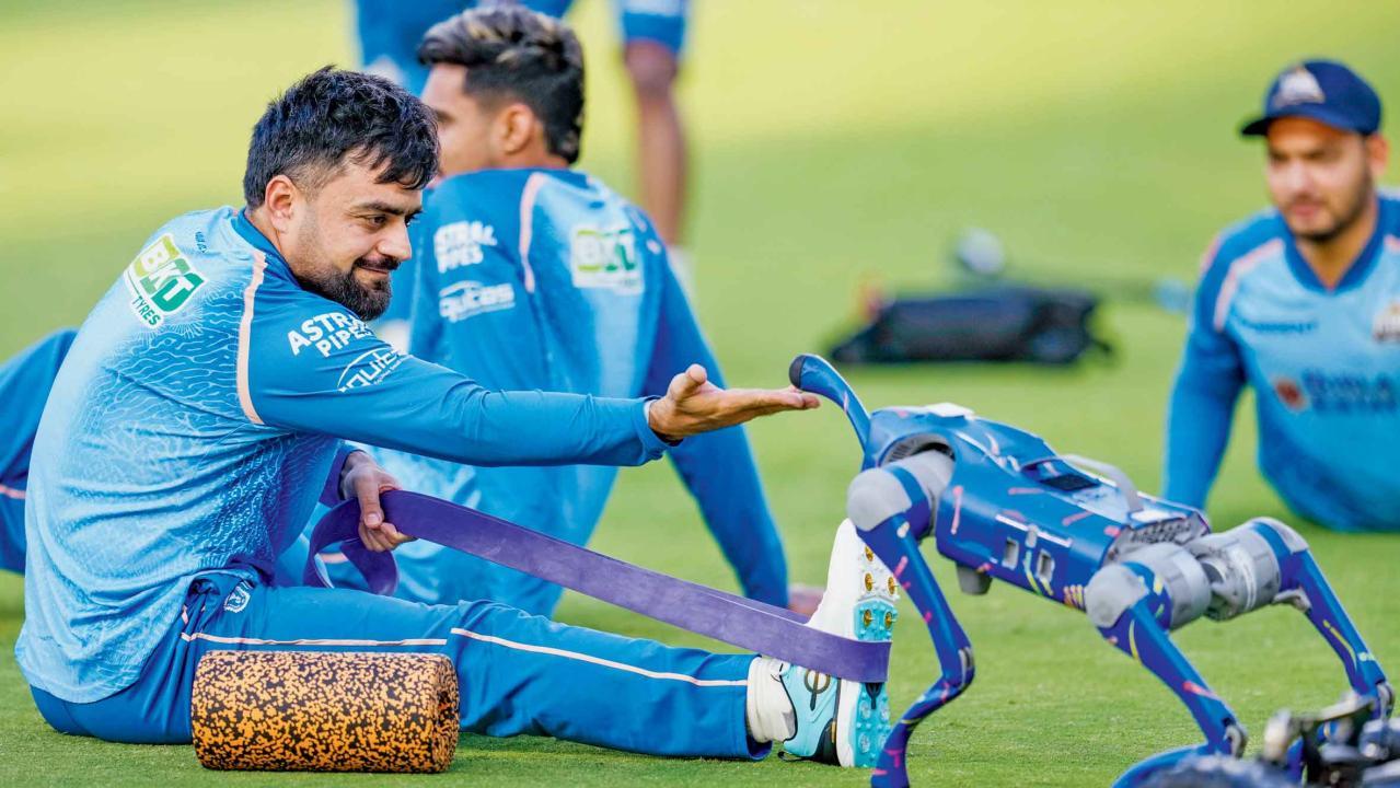 પ્રૅક્ટિસ દરમ્યાન રોબો-ડૉગ ચંપક સાથે મશ્કરી કરતો રાશિદ ખાન.